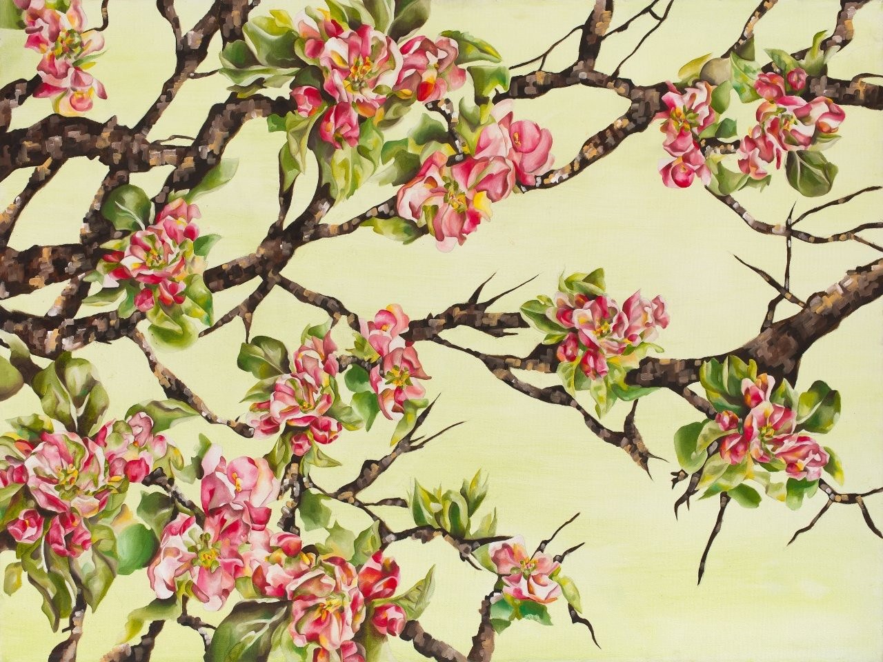 Blossoms: an oil painting of pink apple blossom on dark branches against a pale green sky
