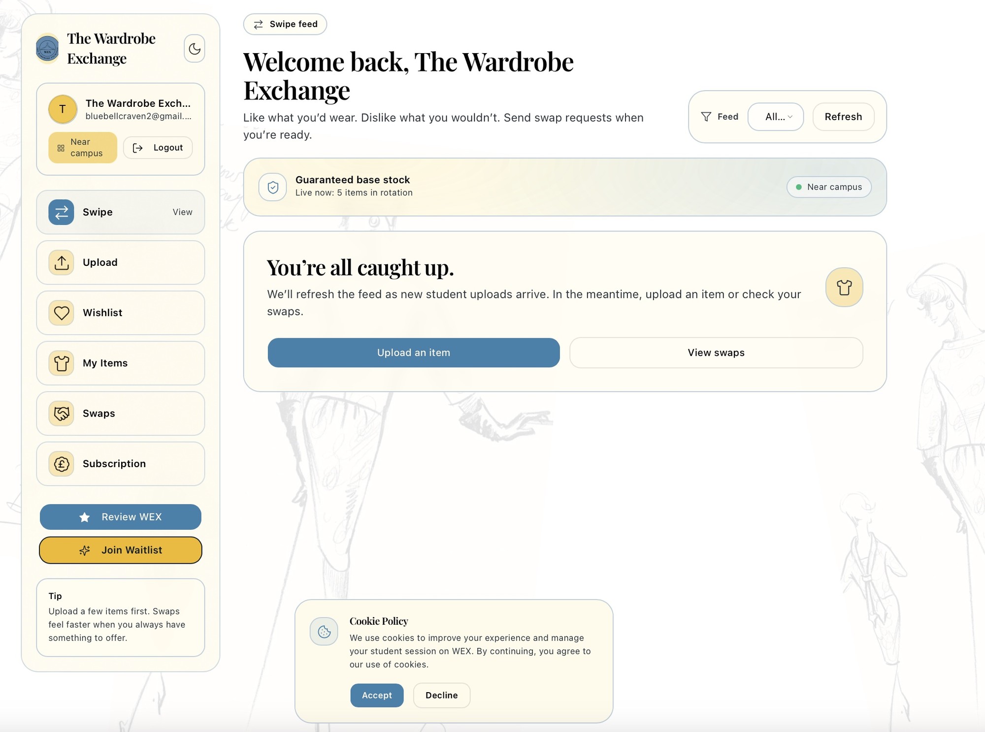 WEX web app swipe feed, with the sidebar and base stock banner