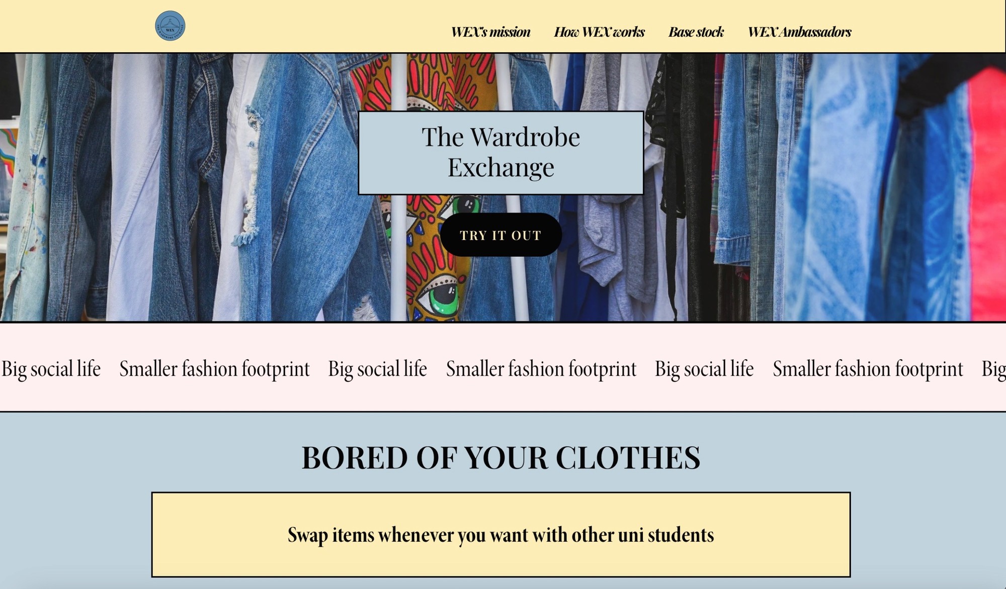 WEX website hero over a rail of denim: The Wardrobe Exchange, Try it out